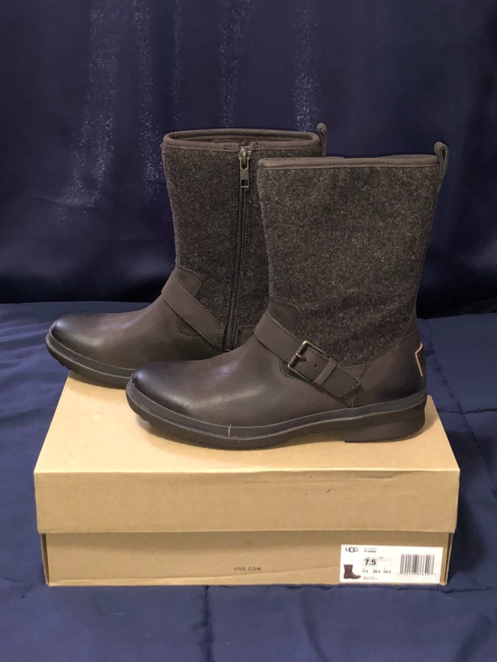 UGG Robbie Waterproof Leather Wool Moto Boots Stout Brown Size 7.5 Box